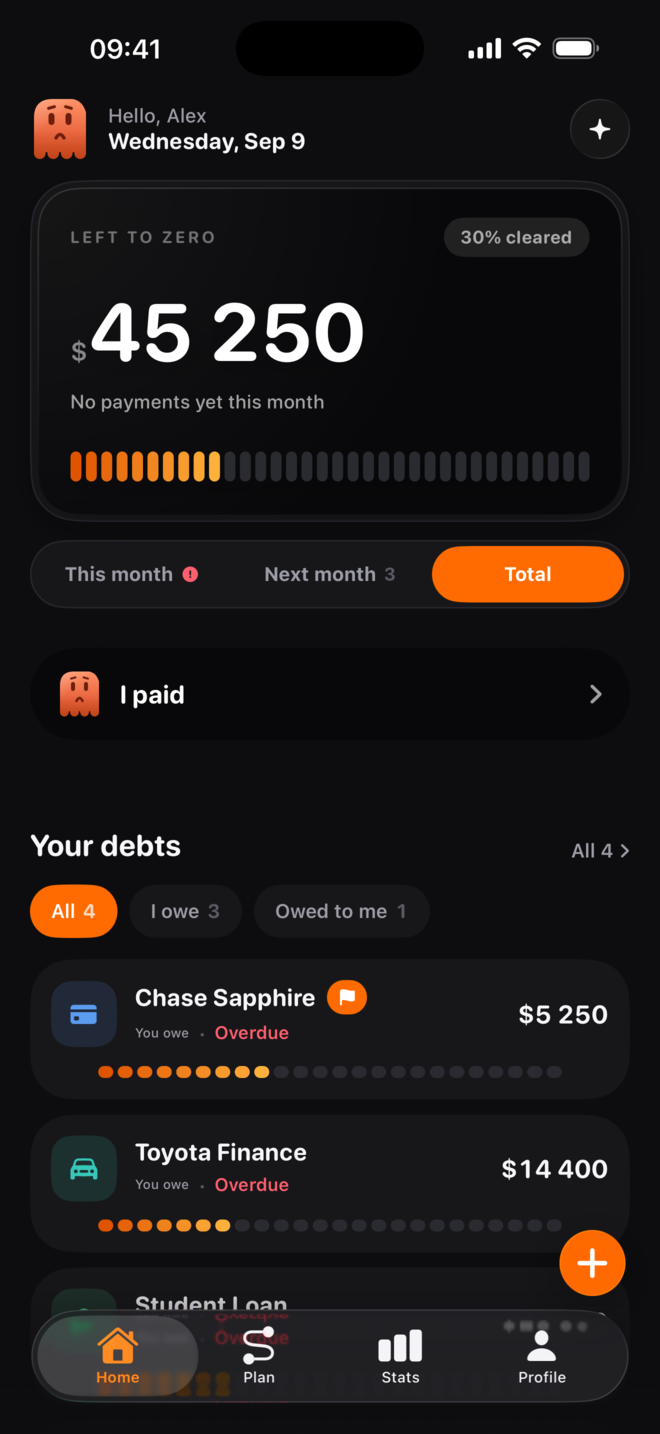 The ZERO home screen: a total of 45,250 dollars left to zero, 30 percent cleared, and the debts listed beneath it.